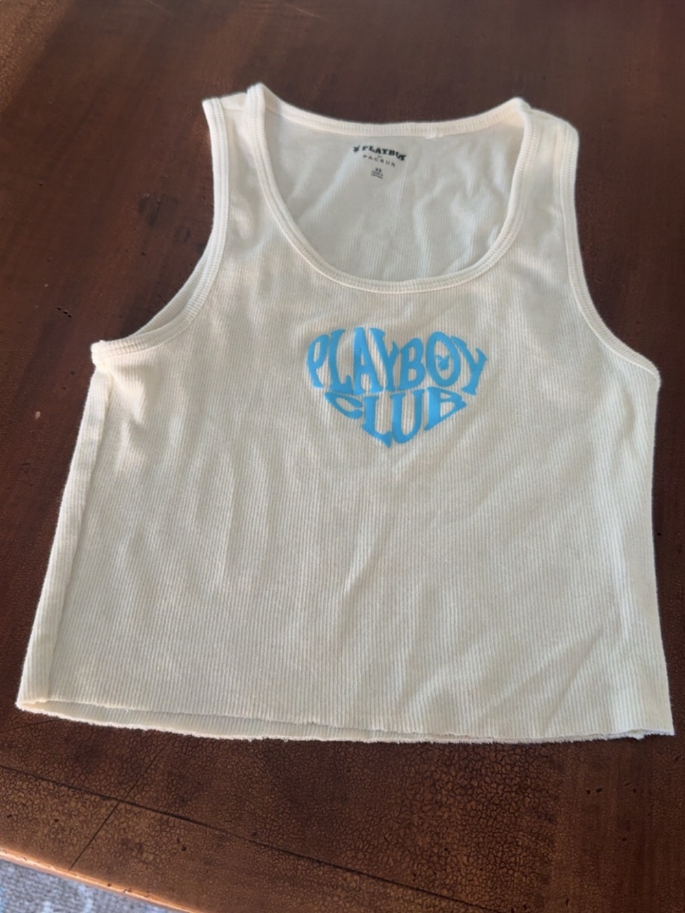 PLAYBOY Cream Ribbed Tank with Light Blue Logo